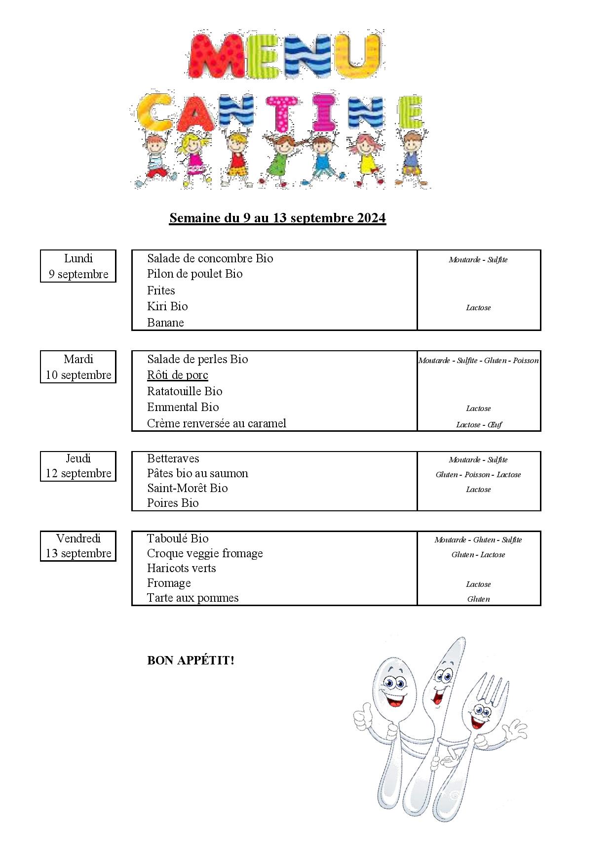 Menu de la cantine scolaire du 9 au 13 septembre – Le village de VOUZERON