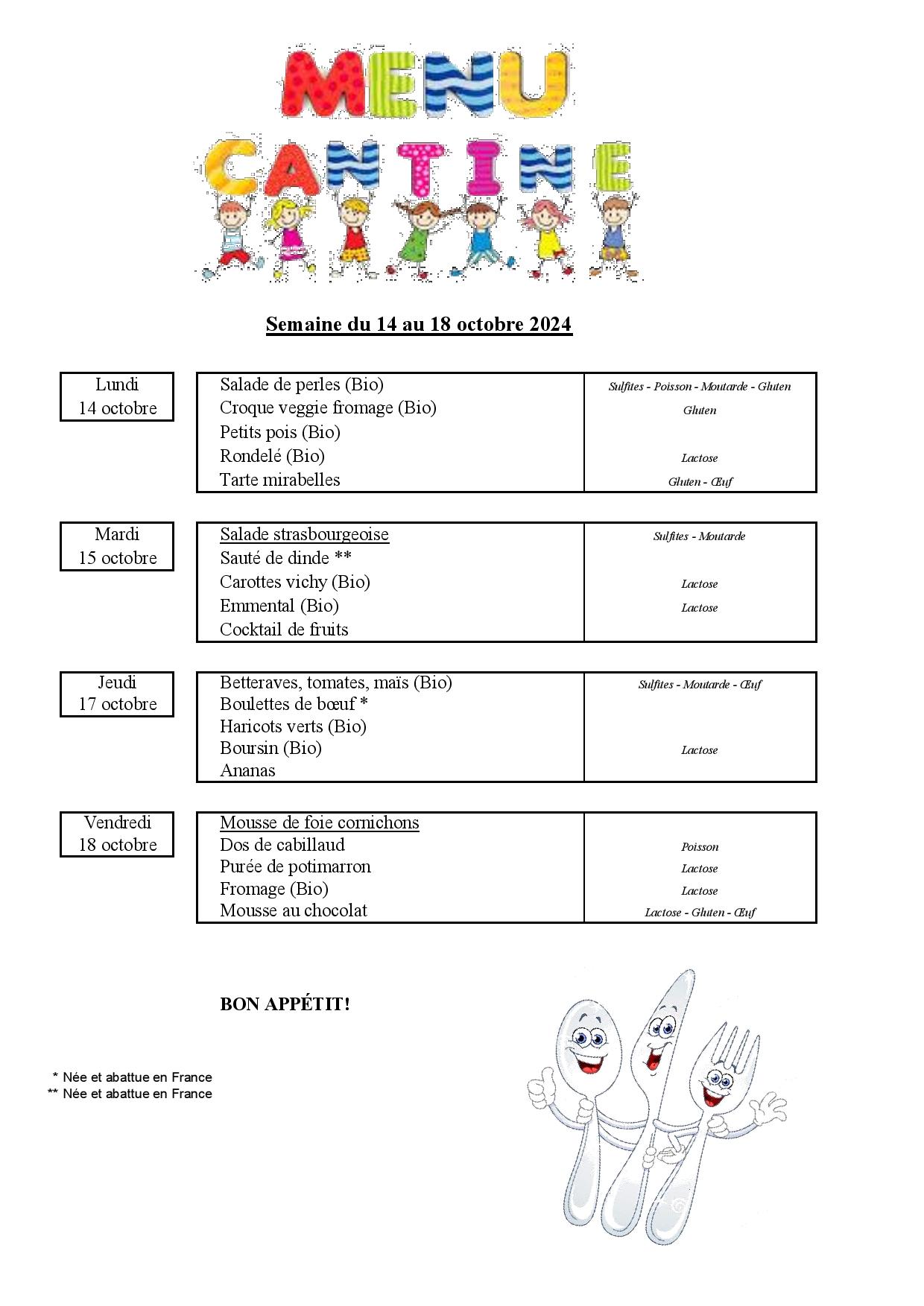 Menu de la cantine scolaire du 14 au 18 octobre 2024 – Le village de ...