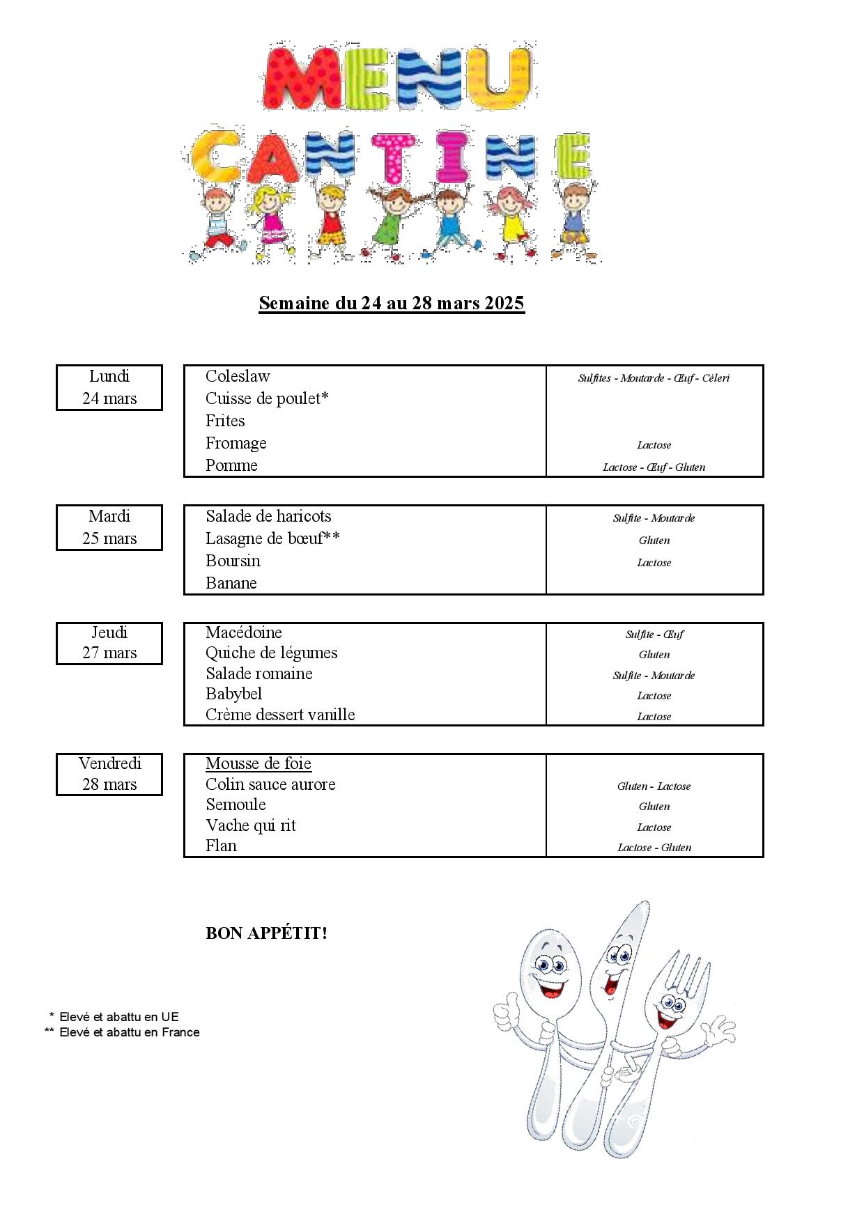 Menu de la cantine scolaire du 24 au 28 mars – Le village de VOUZERON