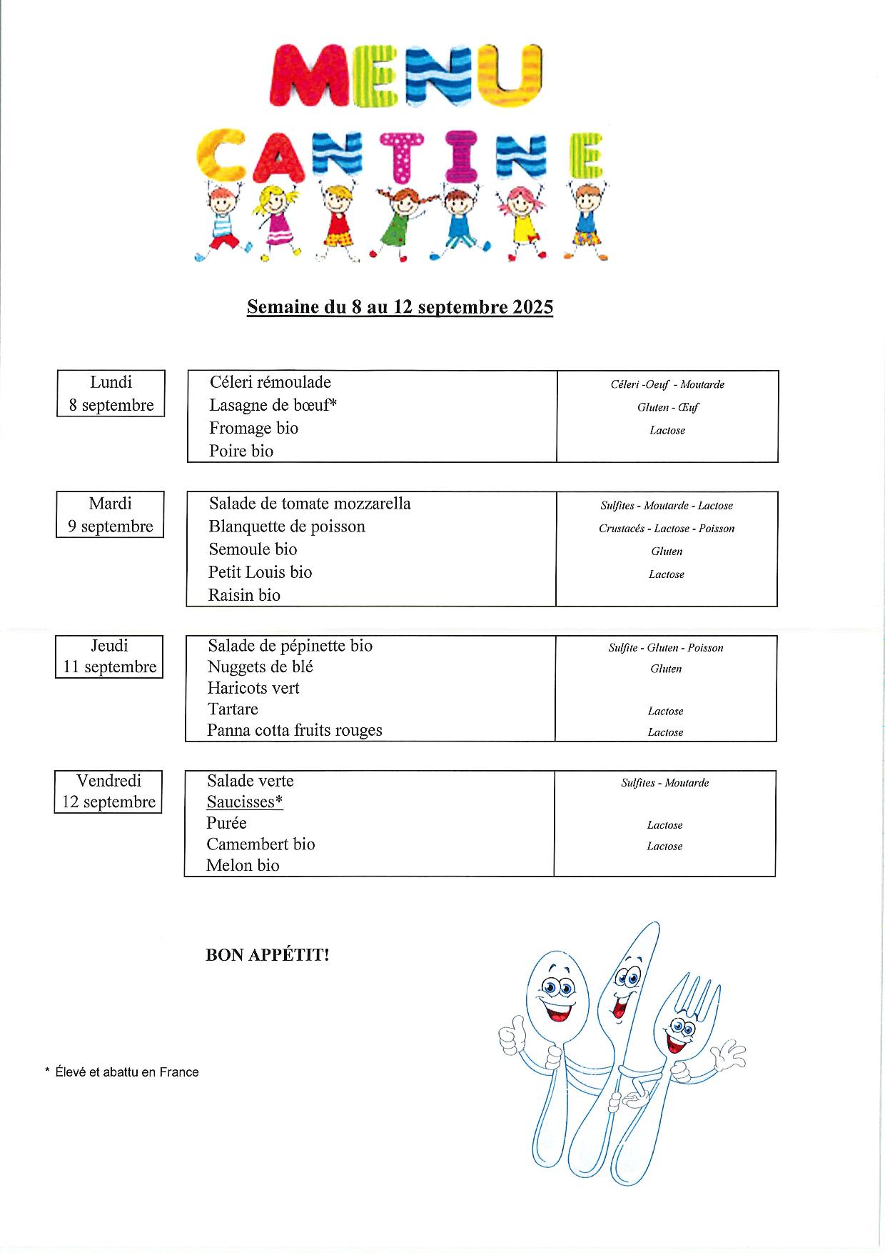 Menu de la cantine scolaire du 8 au 12 septembre – Le village de VOUZERON