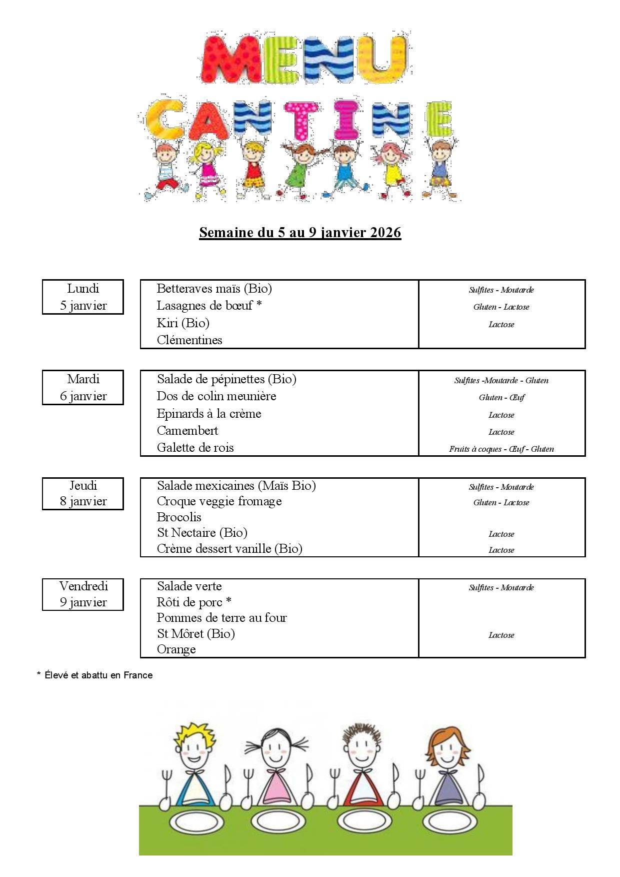 Menu de la cantine scolaire du 5 au 9 janvier 2026 – Le village de VOUZERON